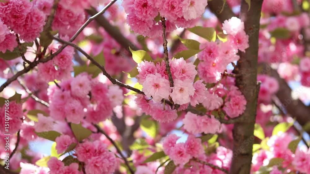 Sakura tree in full bloom. Beautiful pink flowers among branches and leaves. Natural spring background. Lushly blooming tree Sakura tree in full bloom. Beautiful pink flowers among branches and leaves. Natural spring background. Lushly blooming tree