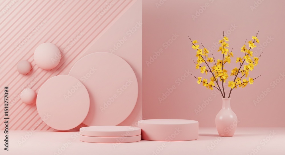 Pink minimalist product display with yellow flowers Pink minimalist product display with yellow flowers