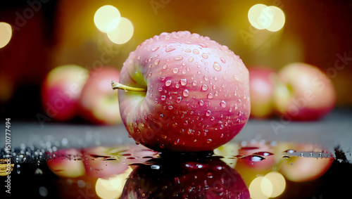 Fresh and juicy red apple with glistening water droplets offer a healthy and vibrant snack.