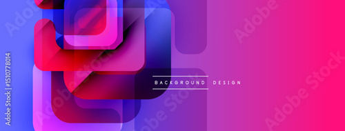 Abstract geometric shapes overlap, creating vibrant gradients. Pink, blue, purple hues dominate design. Modern aesthetic.