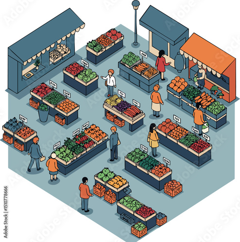 Outdoor farmers market with fresh vegetables and shoppers in isometric view vector illustration 