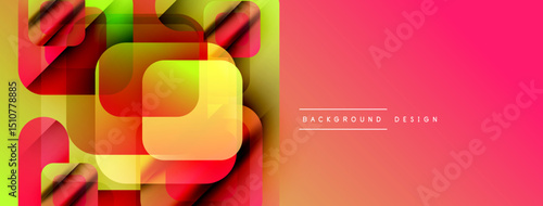 Abstract geometric shapes overlap, creating vibrant color gradients. Pink dominates right side, contrasting with lefts complex layers. Modern design.