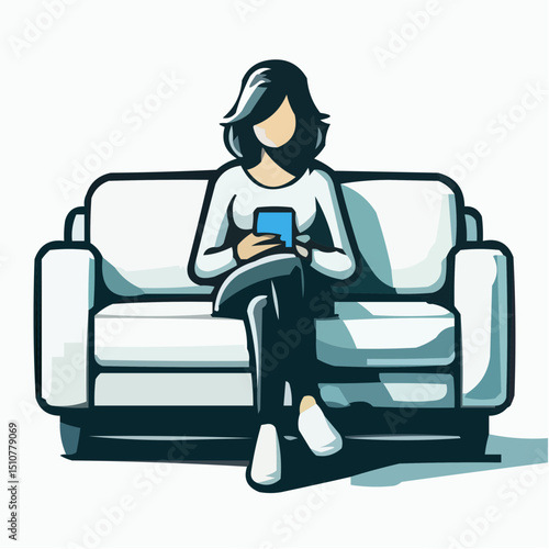 Woman scrolling online shop on smartphone while sitting on sofa  