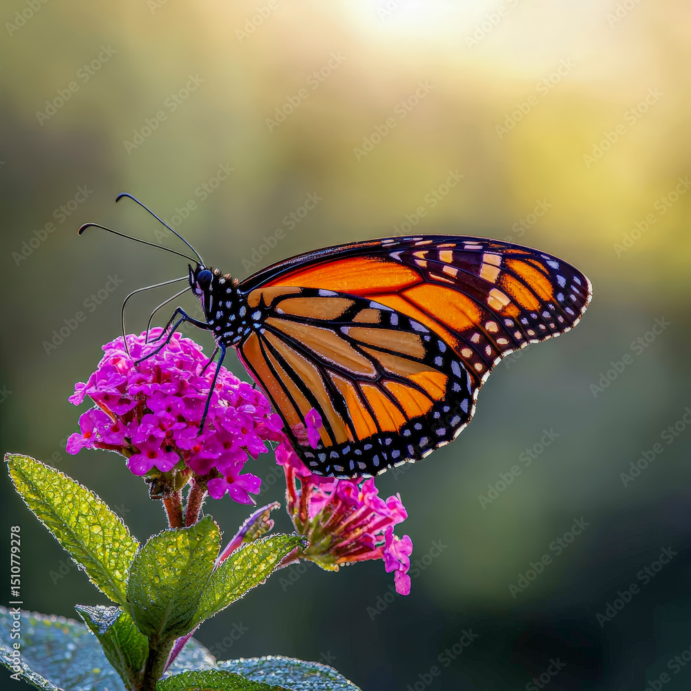 Obraz premium Stunning Monarch Butterfly Macro Photography on Purple Flower with Dew Drops for Nature and Conservation Marketing