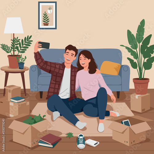 Young couple taking selfie in living room with unpacked boxes and indoor plants vector illustration 