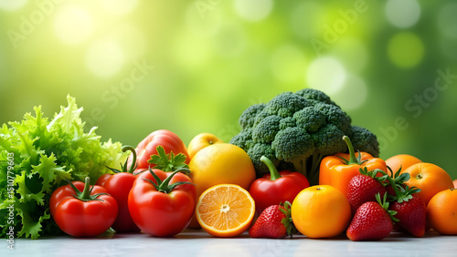 colorful assortment of fresh fruits and vegetables arranged on a wooden surface