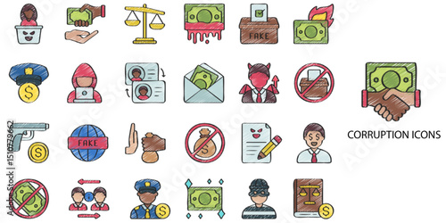 Corruption simple concept 24 hand drawn color icons set. Contains such stop, bribe, corruption, bribery, graft, ingestion .Vector illustration.