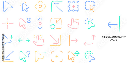 Crisis Management simple concept 24 hand drawn color icons set. Contains such human resources, leadership, development, culture, compliance .Vector illustration.