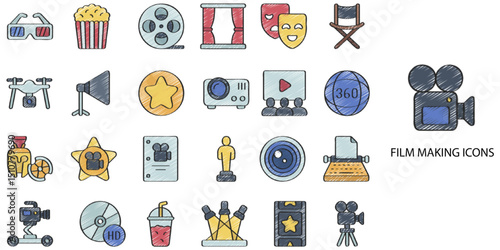 Film Making simple concept 24 hand drawn color icons set. Contains such transparent, tape, photographic, empty, edge .Vector illustration.