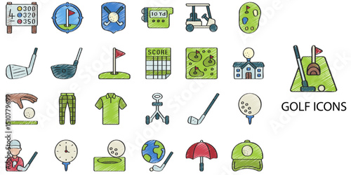 Golf simple concept 24 hand drawn color icons set. Contains such golf course, golf ball .Vector illustration.