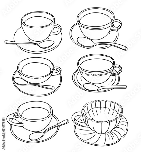 set Original illustrations of a cup of tea or coffee, a vintage ink line drawing for cards, menus, coffee shops, baristas, tea houses, or graphic design.