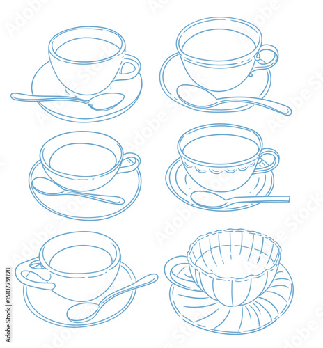 set Original illustrations of a cup of tea or coffee, a vintage ink line drawing for cards, menus, coffee shops, baristas, tea houses, or graphic design.