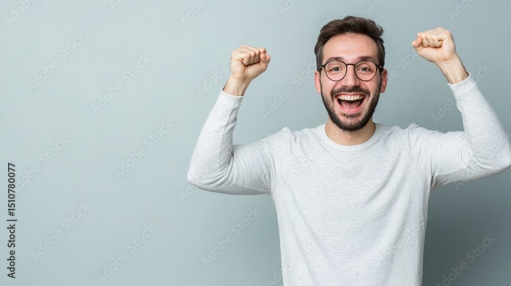 Fototapeta premium Man's Exuberant Celebration: A Portrait of Joy, Success, and Unbridled Enthusiasm with Arms Raised High in Triumph