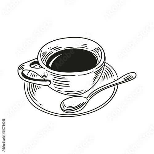 Original illustrations of a cup of tea or coffee, a vintage ink line drawing for cards, menus, coffee shops, baristas, tea houses, or graphic design.