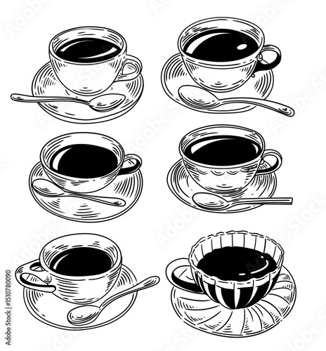 set Original illustrations of a cup of tea or coffee, a vintage ink line drawing for cards, menus, coffee shops, baristas, tea houses, or graphic design.