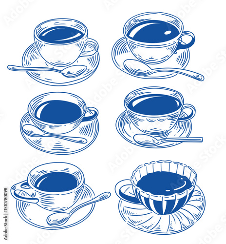 set Original illustrations of a cup of tea or coffee, a vintage ink line drawing for cards, menus, coffee shops, baristas, tea houses, or graphic design.