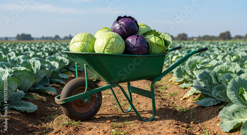 Wheelbarrow filled with fresh cabbages in field ideal for farming blogs, agricultural websites, and seasonal harvest content