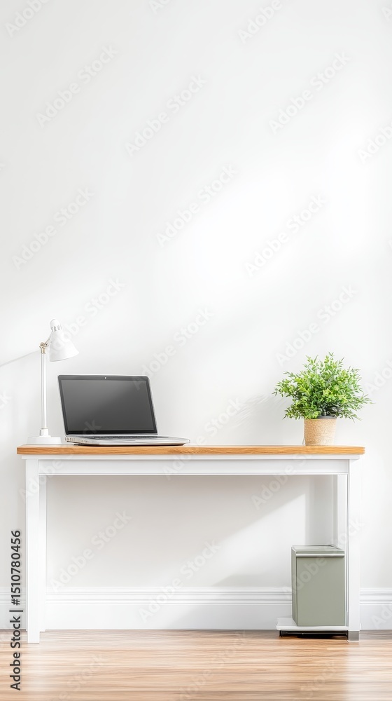 Fototapeta premium Serene Workspace: Minimalist Desk with Laptop, Lamp, and Plant for Productive Work and Stylish Home Office Decor