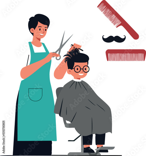 Barber giving haircut to boy with hairdressing tools vector illustration 