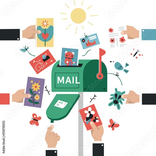 Mailbox with colorful greeting cards and hands sending mail in sunny weather vector illustration 