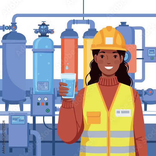Female Engineer Holding Glass of Water Near Industrial Water Treatment Equipment Vector Illustration 