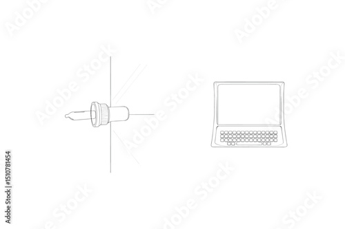 A one line art illustration featuring a computer and medicine dropper for modern designs