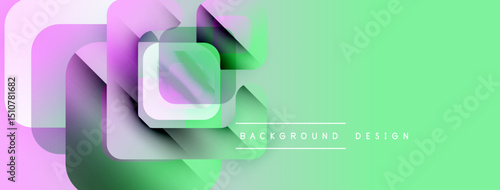 Abstract geometric shapes overlap, creating vibrant pastel gradients. Light green dominates right side, purple left. Modern design element.