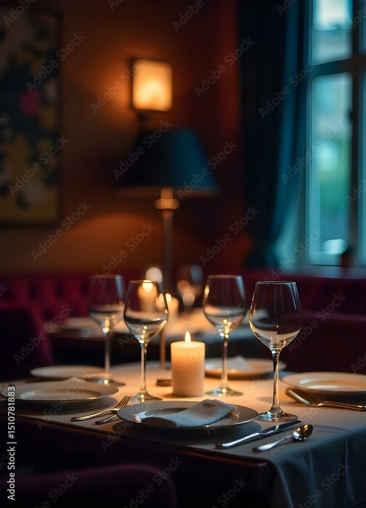 An intimate dining setup: Soft candlelight on a set table An intimate dining setup: Soft candlelight on a set table
