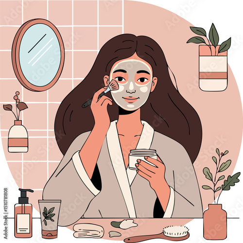 Woman applying face cream in bathroom skincare routine with plants and mirror vector illustration 