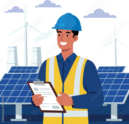Renewable energy engineer working with solar panels and wind turbines vector illustration 