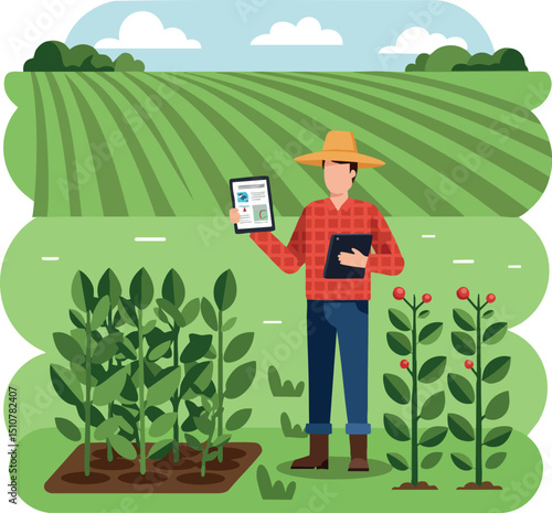 Farmer monitoring crops using tablet in green agricultural field with blue sky vector illustration 