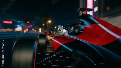 A view of a racing car driving at night through a street circuit