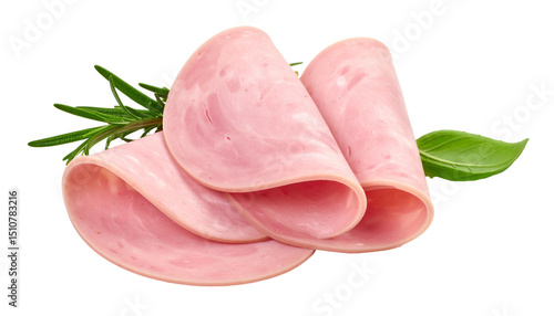 Three slices of pink cooked ham with basil and rosemary on transparent background, ready to be enjoyed