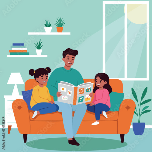 Father reading storybook to daughter and son on orange couch in cozy living room 