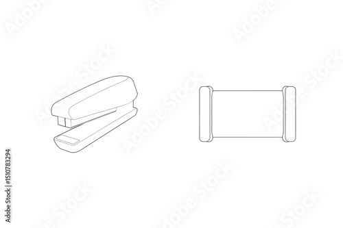 Minimalist line art illustration of a stapler and staple cartridge isolated on white