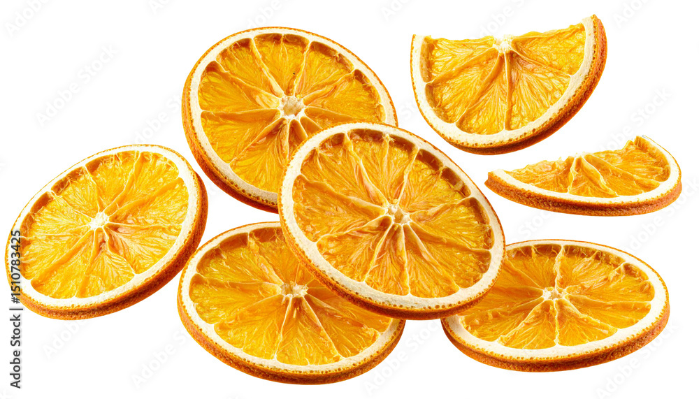 Obraz premium Dried orange slices falling, transparent backdrop revealing crisp textural details