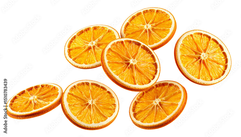 Dried orange round slices suspended in midair, cascading against transparent backdrop with vivid color harmony Dried orange round slices suspended in midair, cascading against transparent backdrop with vivid color harmony