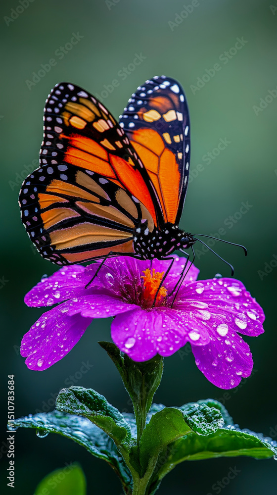 Obraz premium Stunning Monarch Butterfly Macro Photography on Purple Flower with Dew Drops for Nature and Conservation Marketing