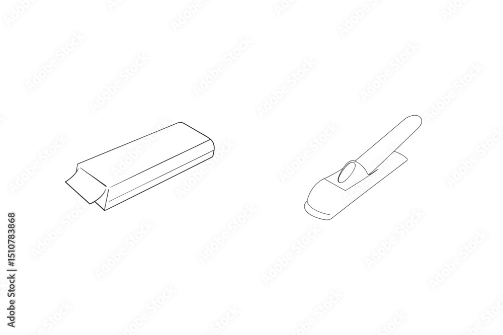 Fototapeta premium Simple line drawing illustrations of chewing gum packaging and a mop head on white background