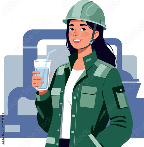 Female engineer holding glass of water in industrial factory environment vector illustration 