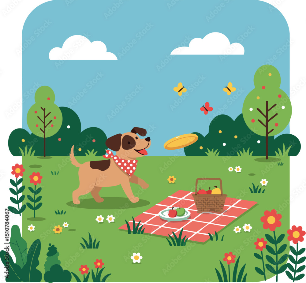 Naklejka premium Dog Playing with Frisbee at Picnic in Green Park with Trees and Flowers Vector Illustration 