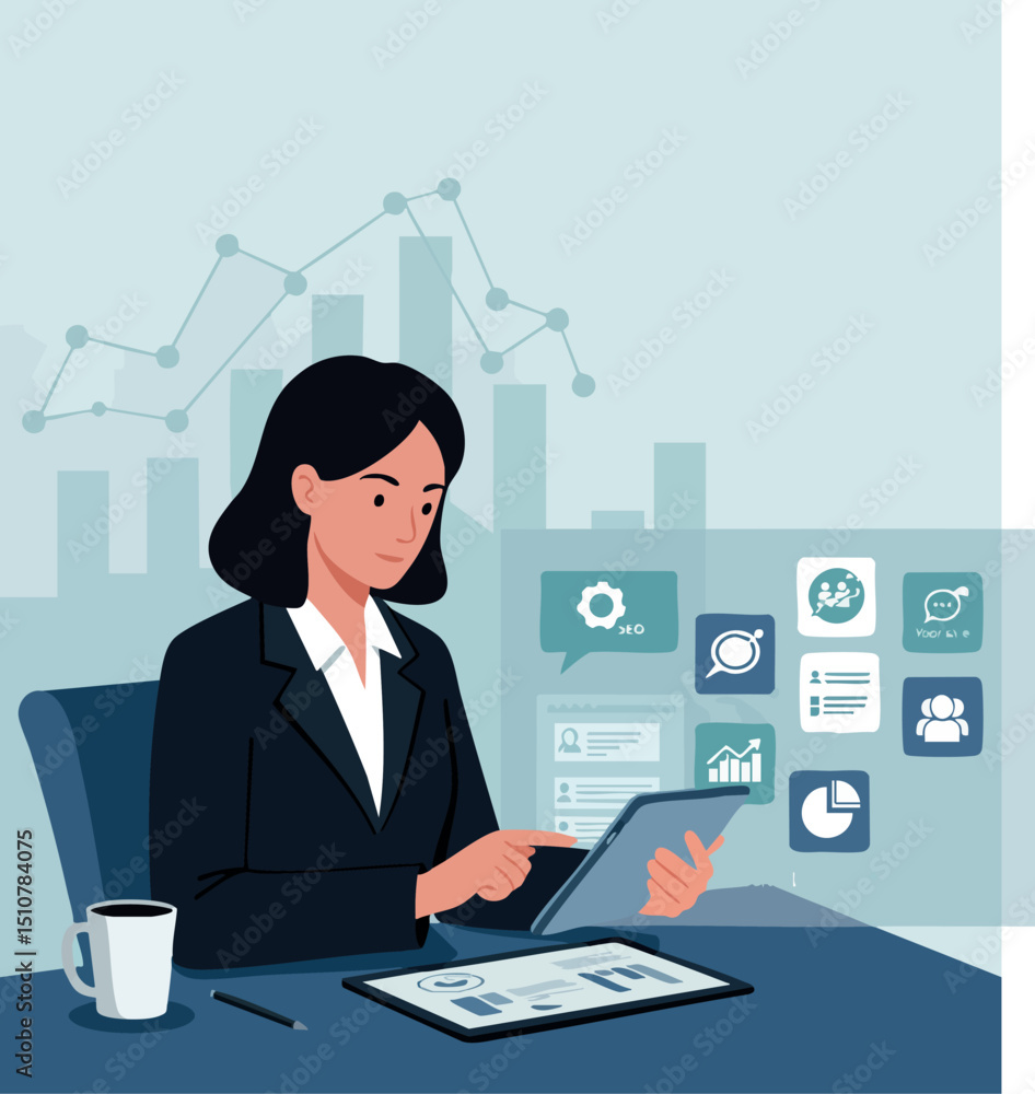 Businesswoman using tablet for data analysis and digital marketing strategy vector illustration Businesswoman using tablet for data analysis and digital marketing strategy vector illustration