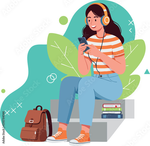 Young woman listening to music on smartphone with headphones outdoor casual lifestyle vector illustration 