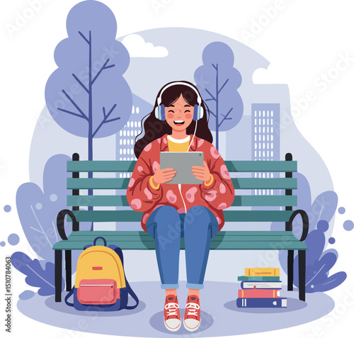 Young woman listening to music with headphones on a park bench in autumn vector illustration 