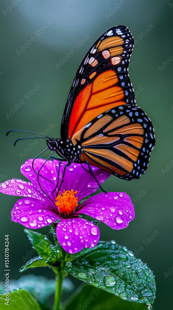 Obraz premium Stunning Monarch Butterfly Macro Photography on Purple Flower with Dew Drops for Nature and Conservation Marketing
