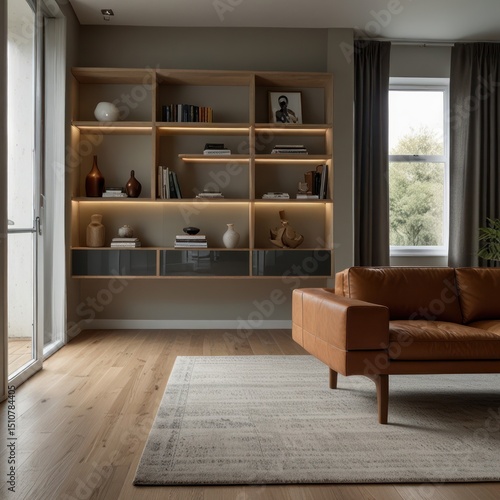 Modern living room with built-in shelving