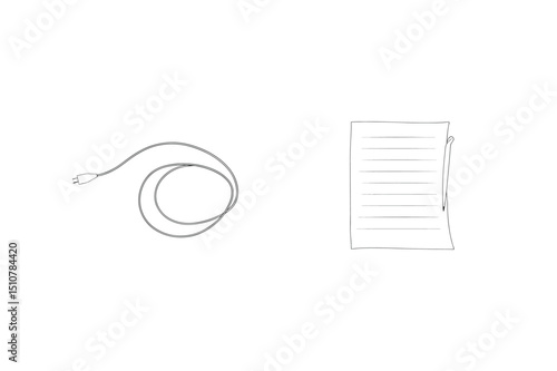 Minimalist line art illustration featuring a plug cable and lined paper with pencil
