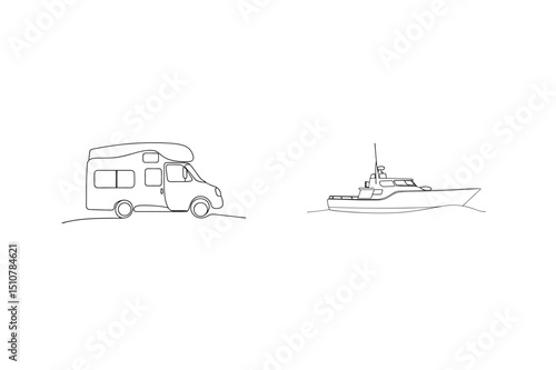 Simple line drawing of campervan and luxury yacht transportation concepts