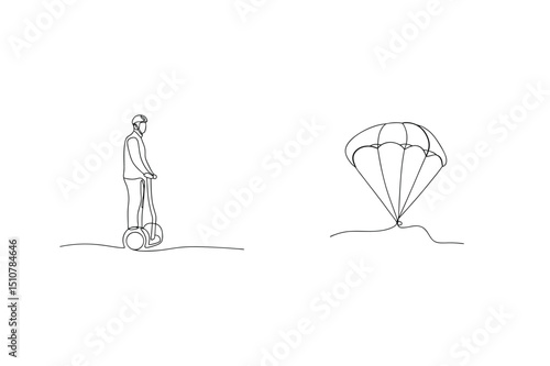 Minimalist line art illustration of person on segway and parachute landing on ground