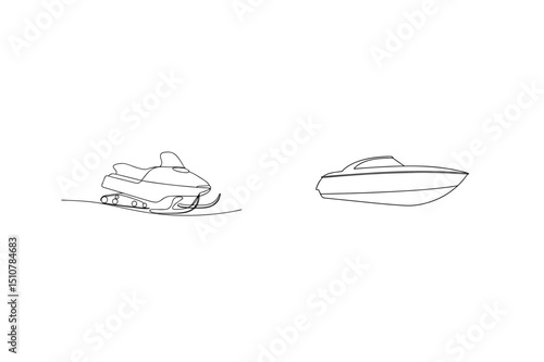 Minimalist line drawing of a snowmobile and a motorboat on a white background